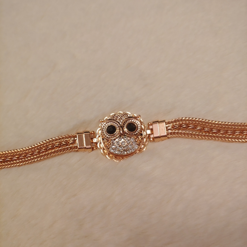 NWOT Rose Gold tone Owl Bracelet 18mm snap 7-10.5"